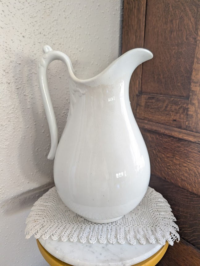 Thumbnail: Mercer Pottery Ironstone White China Pitcher Antique 13in Tall