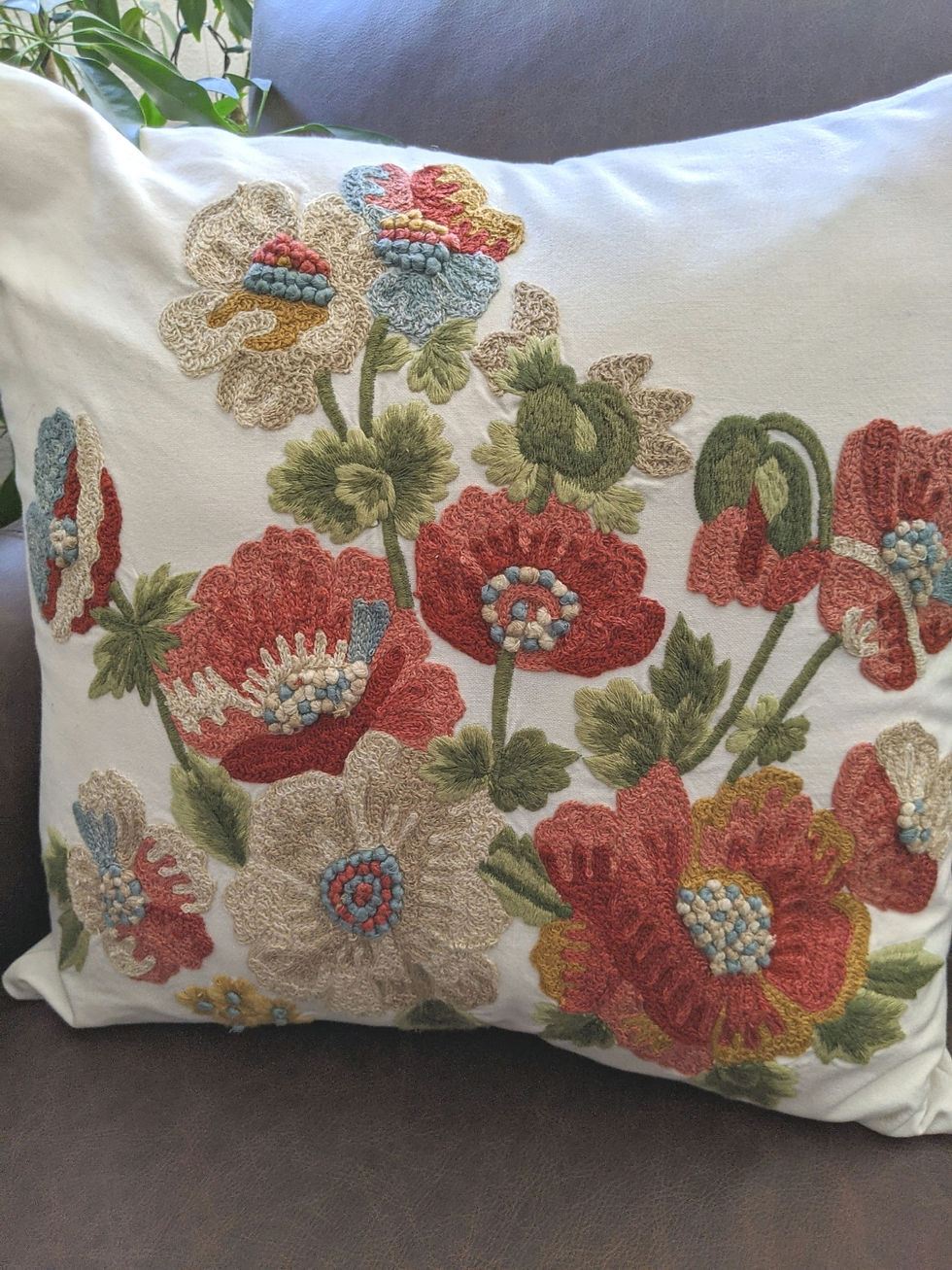 Pottery Barn Crewel Floral Pillow Cover 18in Pink Green Blue Cotton