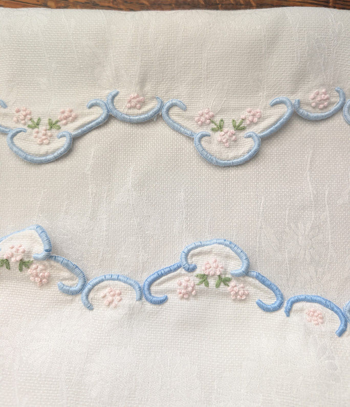 Tea Towel Detailed Floral Embroidery Scalloped Edge French Knots 38inch