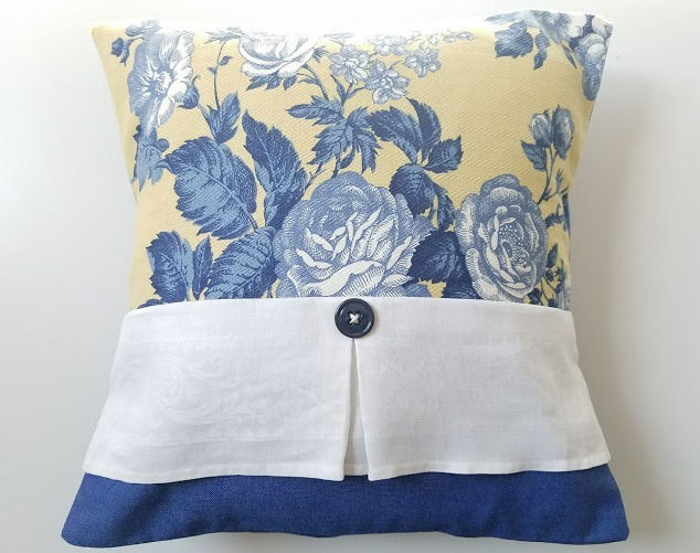 Thumbnail: Toile Pillow Vintage Fabrics Yellow Blue Floral 12in Down Insert Upcycled