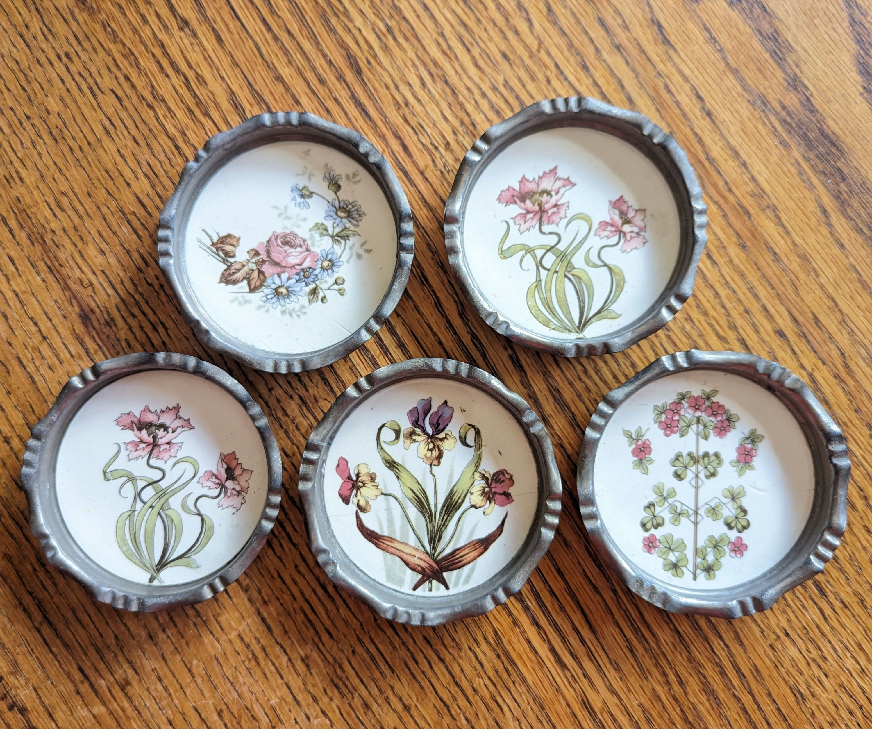 Vintage Porcelain Floral Coasters Set of Five Metal Edging 3 Inch