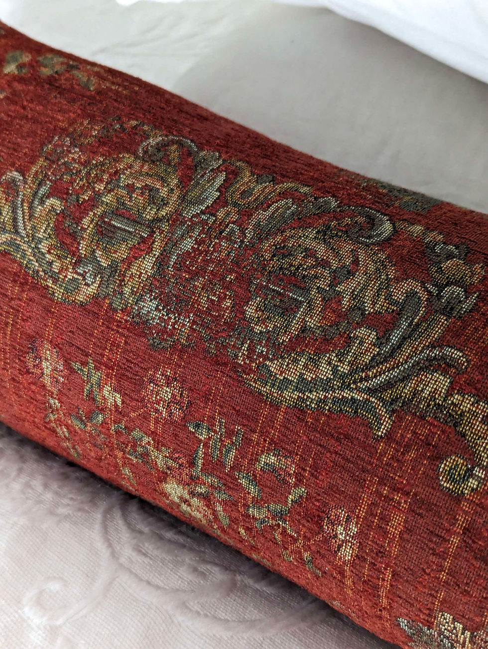 Thumbnail: Red Tapestry Velvet  Lumbar Throw Pillow Down Insert 36in Made in England
