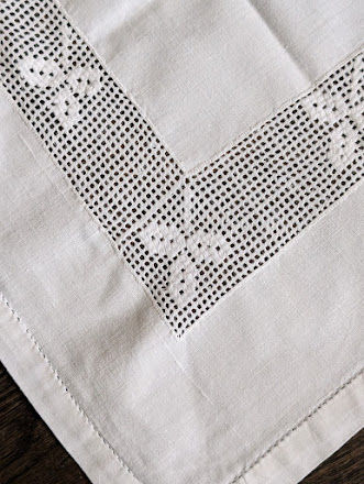 Thumbnail: Linen Vintage Floral Filet Crochet Tablecloth White 35x31in