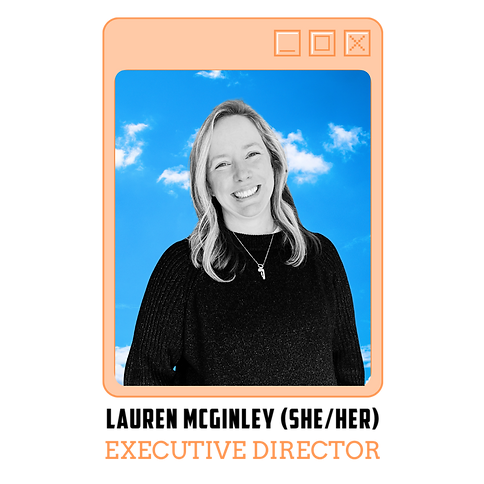A black and white photo of Lauren, NHHRC Executive Director. She is a white woman with shoulder length blonde hair. She is smiling and wearing a black sweater and a silver chain necklace.