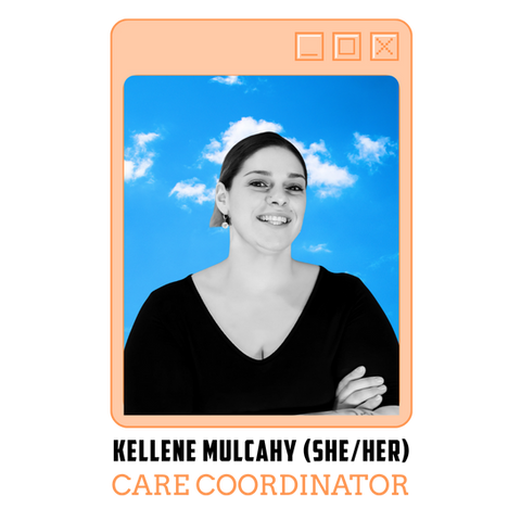 A black and white photo of Kellene, one of the NHHRC Care Coordinators. Kellene is a white woman with her hair slicked back in a bun. She is smiling and wearing a black top with her arms crossed in front of her.