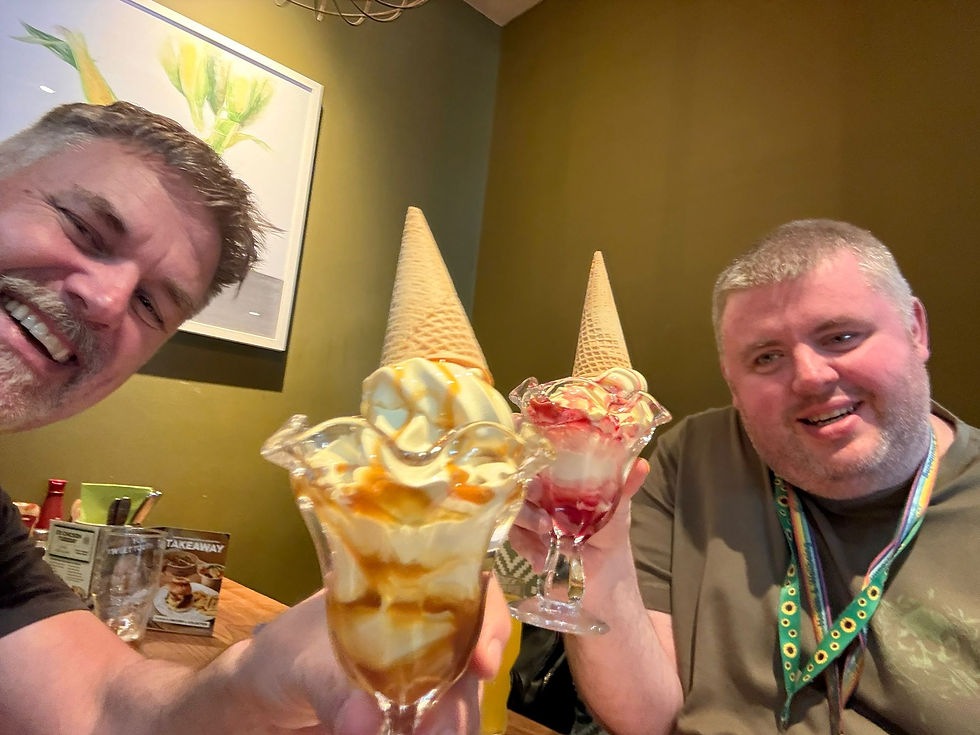 David and Gavin in Harvester having Ice Cream David is the one with the hidden disability lanyard
