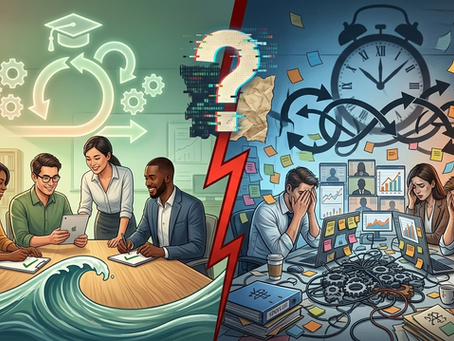 Una ilustración conceptual sin texto que representa el Agile Burnout. Muestra a un profesional de negocios abrumado y atrapado en una jaula hecha de post-its y relojes en cascada, mientras que a lo lejos hay un equipo productivo y libre. Esta imagen simboliza la fatiga y el exceso de procesos en metodologías ágiles en empresas chilenas, con un enfoque de Quántico.