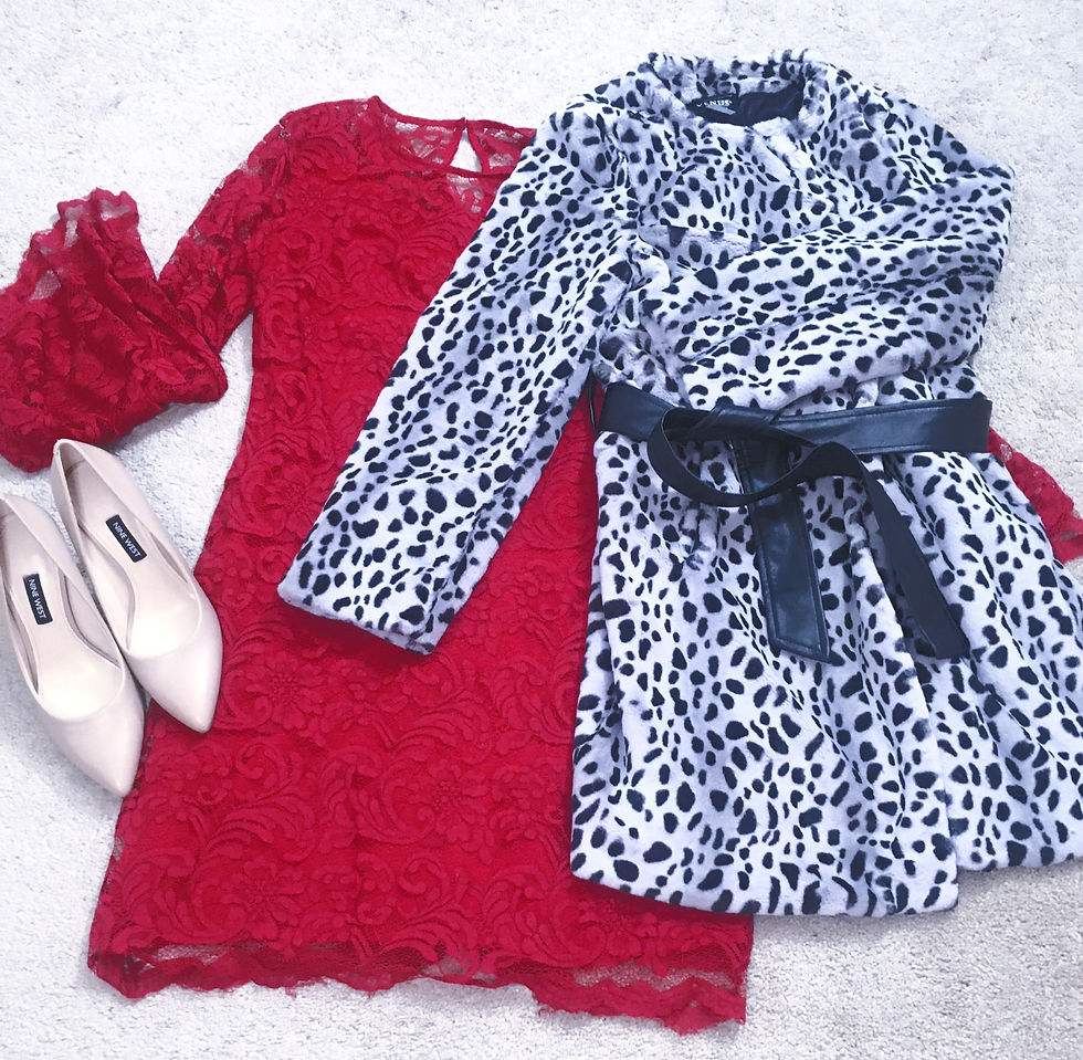 Red lace dress with leopard print coat.