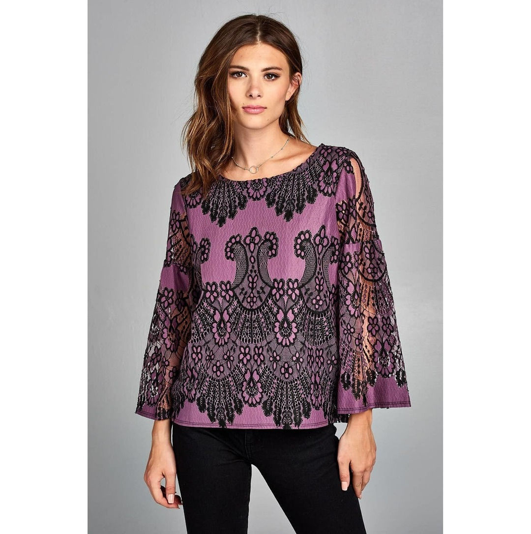 LKLUV - Made in USA - Lace Print Bell Sleeve Top