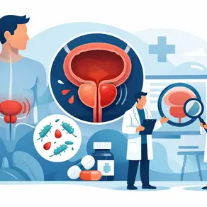 Ilustración médica de próstata y vejiga; dos médicos examinan una pantalla, con pastillas y bacterias, en tonos azules.