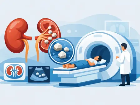 Un paciente en una máquina de resonancia magnética. Riñones y cálculos renales ilustrados, con un médico observando. Ambiente clínico.