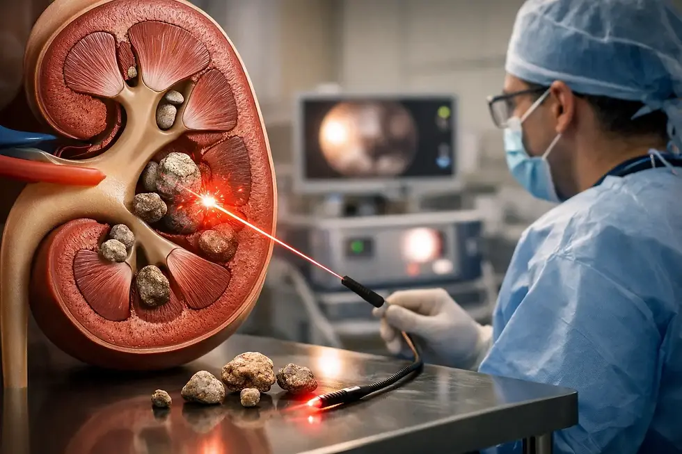 Modelo de riñón con cálculos. Un médico usa un láser rojo para tratarlos. Fondo de quirófano con equipo médico visible.