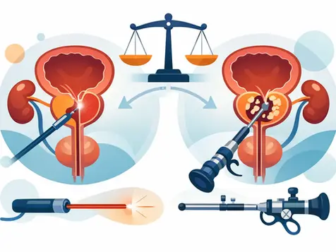 Ilustración médica muestra procedimientos de láser y endoscopia en riñones y vejiga, con balanza simbolizando equilibrio. Colores vibrantes.