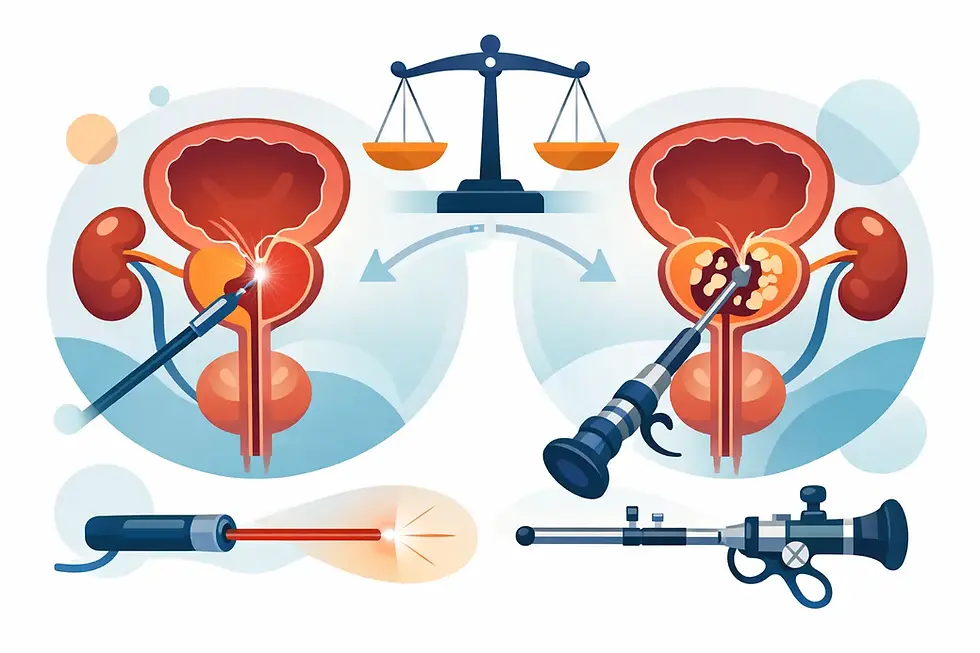 Ilustración médica muestra procedimientos de láser y endoscopia en riñones y vejiga, con balanza simbolizando equilibrio. Colores vibrantes.