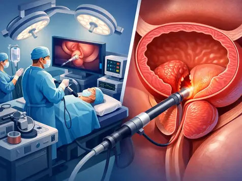 Médicos en cirugía con equipo, pantalla muestra endoscopia de próstata. Iluminación azulada, ambiente clínico, enfoque en procedimiento.