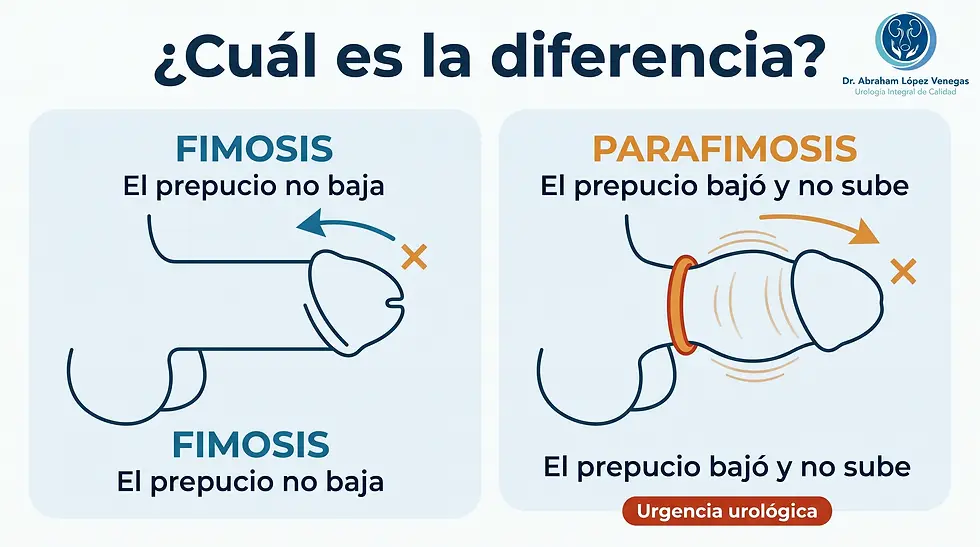 Infografía médica comparando fimosis y parafimosis con dibujos del pene; texto: ¿Cuál es la diferencia? Urgencia urológica.