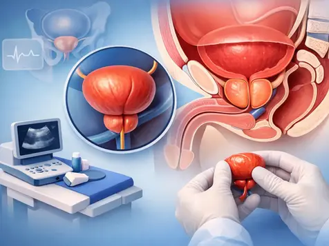 Ilustración médica de la próstata, con detalle anatómico, manos con guantes sosteniéndola y equipo de ultrasonido en fondo azul.