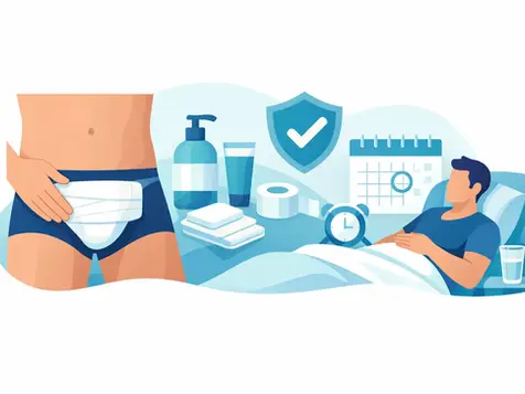 Persona con faja blanca en la cintura, productos de cuidado, reloj y calendario en azul claro. Hombre descansa en cama, tono tranquilo.