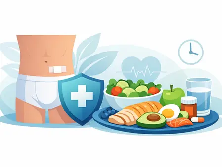 Abdomen con vendaje, escudo médico y alimentos saludables: ensalada, salmón, aguacate, agua y pastillas, fondo claro.
