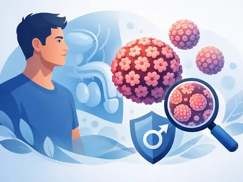 Hombre con fondo azul, virus de papiloma humano resaltado en rosa. Escudo con símbolo masculino, ilustración educativa.