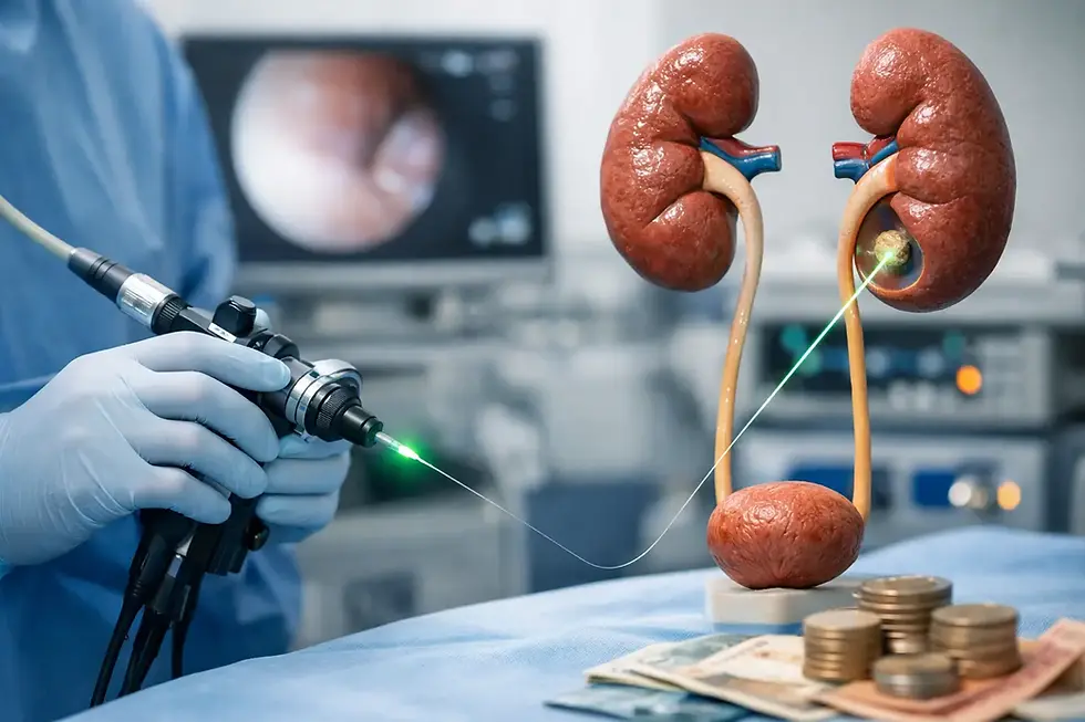 Modelo de riñón con cálculos. Un médico usa un láser rojo para tratarlos. Fondo de quirófano con equipo médico visible.