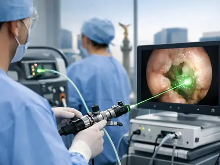 Médicos en quirófano usando equipo láser con pantalla mostrando interior del cuerpo. Visten trajes azules. Fondo de ciudad borroso.