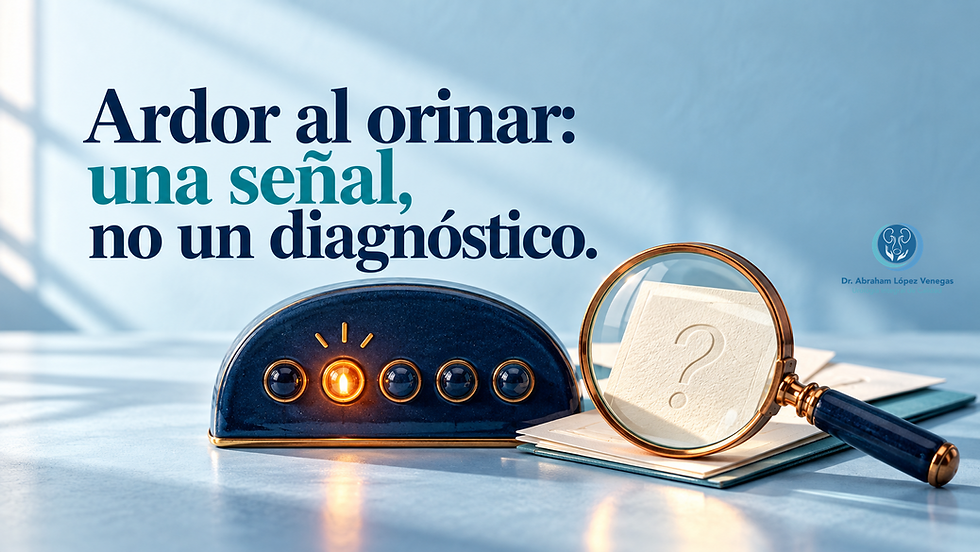 Un indicador ámbar encendido y una lupa sobre una tarjeta con interrogación representan el ardor urinario como una señal que necesita valoración.