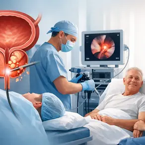 Médico realiza cirugía prostática asistida; paciente sonríe con doctora al lado, monitor muestra endoscopia en quirófano.