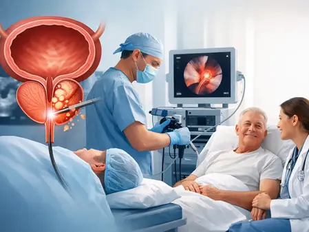 Médico realiza cirugía prostática asistida; paciente sonríe con doctora al lado, monitor muestra endoscopia en quirófano.