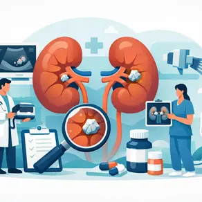 Ilustración médica de dos doctores analizando riñones con cálculos, pantallas, medicamentos y equipo clínico.