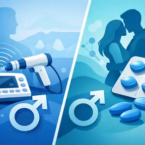Ilustración azul dividida: dispositivo médico y símbolo masculino; a la derecha, pareja abrazada y pastillas, tono romántico.