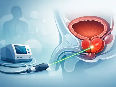 Ilustración médica de próstata tratada con láser verde conectado a una máquina, sobre fondo azul con silueta humana.