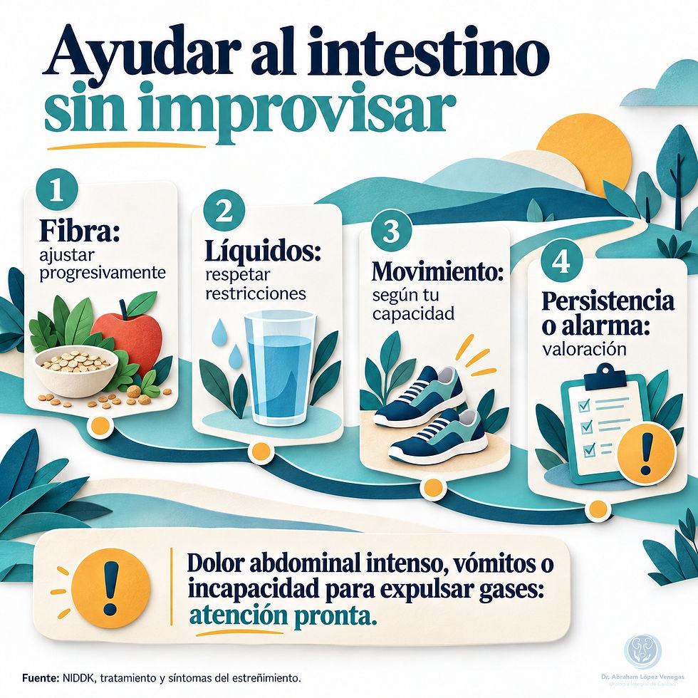 Cuatro pautas generales para el intestino: fibra, líquidos individualizados, movimiento y valoración.