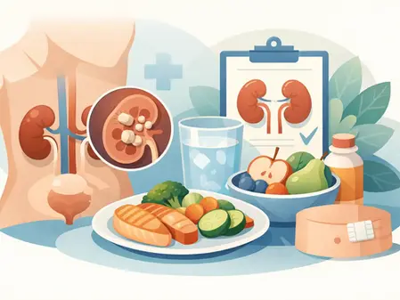 Ilustración de salud renal con riñones, vaso de agua, frutas y verduras, pastillas y un formulario clínico.