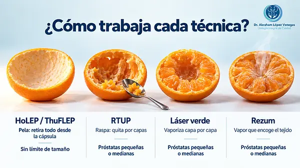 Comparación visual de técnicas de cirugía prostática: enucleación, resección, vaporización y vapor de agua.