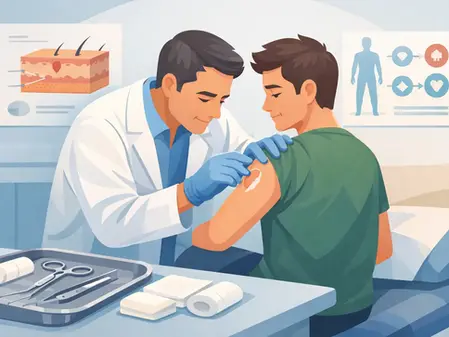 Médico conversa con un paciente sobre salud sexual; se ven un dibujo de pene, guantes, tijeras y desinfectante en consulta.
