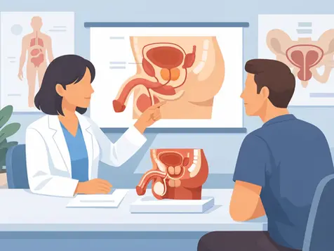 Médica explica anatomía del sistema reproductor masculino a un paciente. Fondos con diagramas en un consultorio, ambiente profesional.