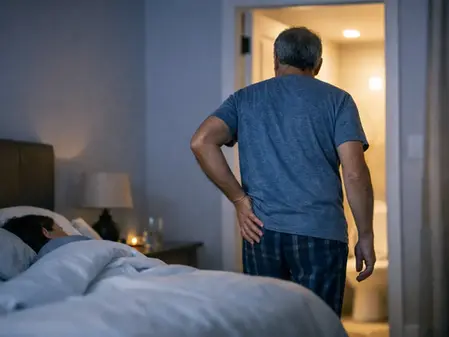 Hombre de pie junto a la cama, mirando al baño iluminado; una mujer duerme en la habitación tenue y tranquila.
