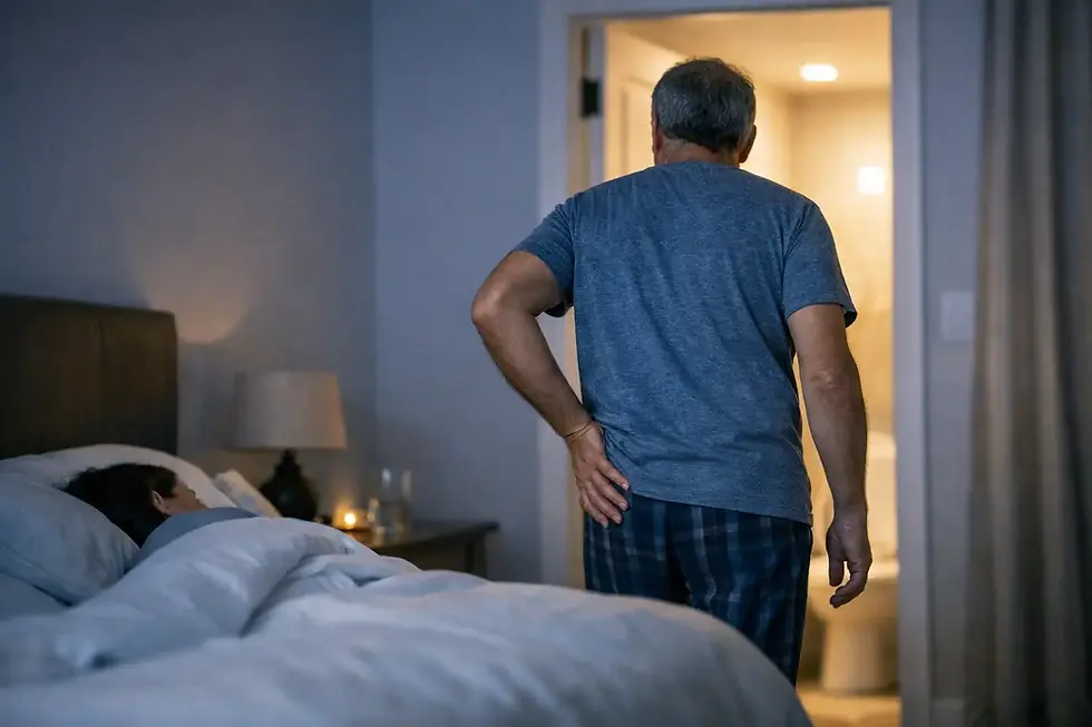 Hombre de pie junto a la cama, mirando al baño iluminado; una mujer duerme en la habitación tenue y tranquila.