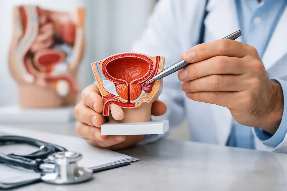 Manos de médico en bata blanca, señalando modelo anatómico de próstata con bolígrafo. Estetoscopio en mesa gris de consulta médica.