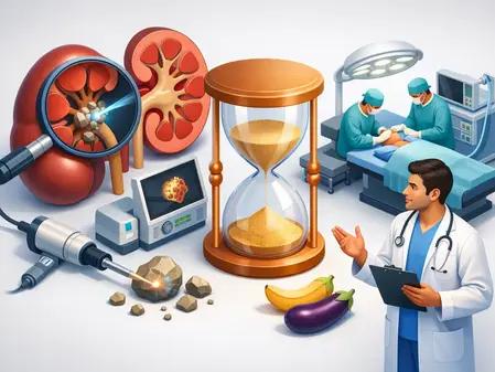 Hombre con bata médica, riñones, láser, reloj de arena, plátano, berenjena, operaciones quirúrgicas de fondo. Tema médico y nutrición.