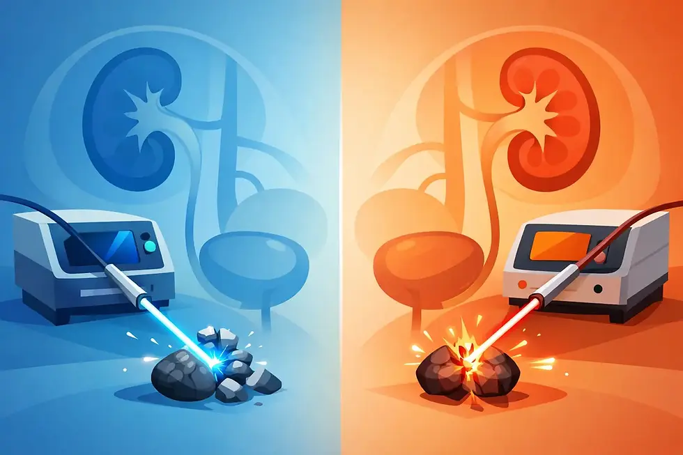División de piedras con láser: a la izquierda, láser azul en fondo azul; a la derecha, láser rojo en fondo naranja. Ilustración médica.