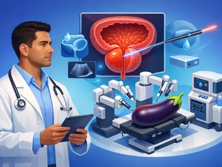Médico con tablet observa cirugía robótica de una berenjena, con pantalla de próstata y equipos médicos azules.