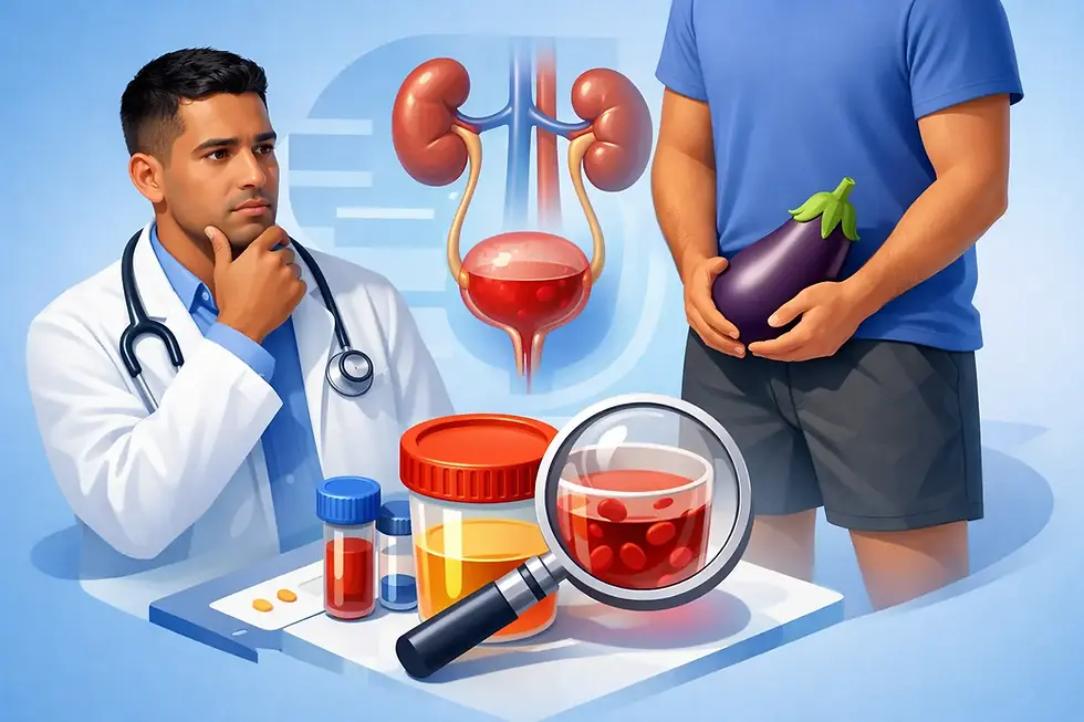 Doctor pensativo con bata blanca y personas sosteniendo berenjena. Fondo con diagrama de riñón y vejiga. Tubos de ensayo y lupa.