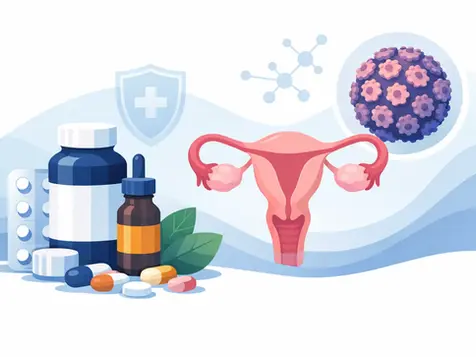 Ilustración de medicamentos, útero y células virales. Fondo azul con escudo y moléculas, simbolizando salud y tratamiento.