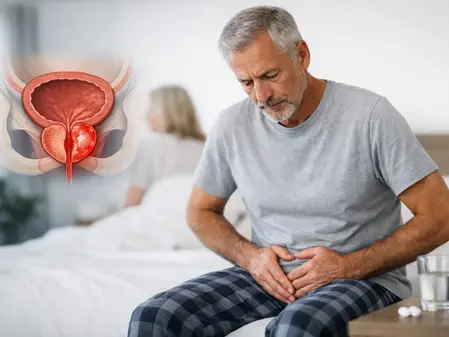 un anciano con las manos en el abdomen con dolores de prostata