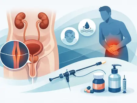 Esquema médico: figura sufre dolor abdominal. Detalle de sistema urinario, riñones y uretra. Fondo azul. Instrumentos médicos y píldoras.