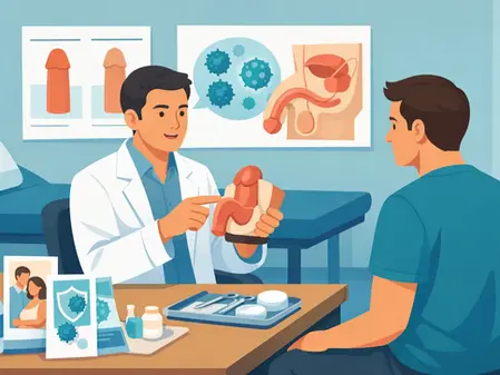 Doctor en consulta médica mostrando modelo anatómico a paciente. Fondos azules con diagramas en la pared. Ambiente informativo y profesional.