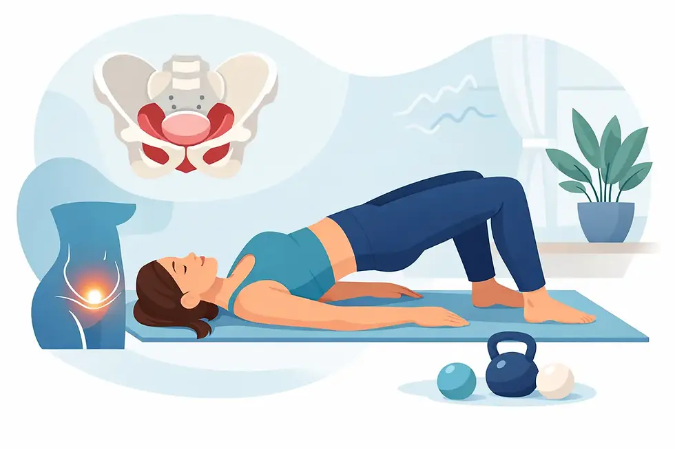 Mujer haciendo ejercicio de puente en una esterilla azul, con esquema de pelvis arriba. Fondo azul claro, pesa y plantas cercanas.