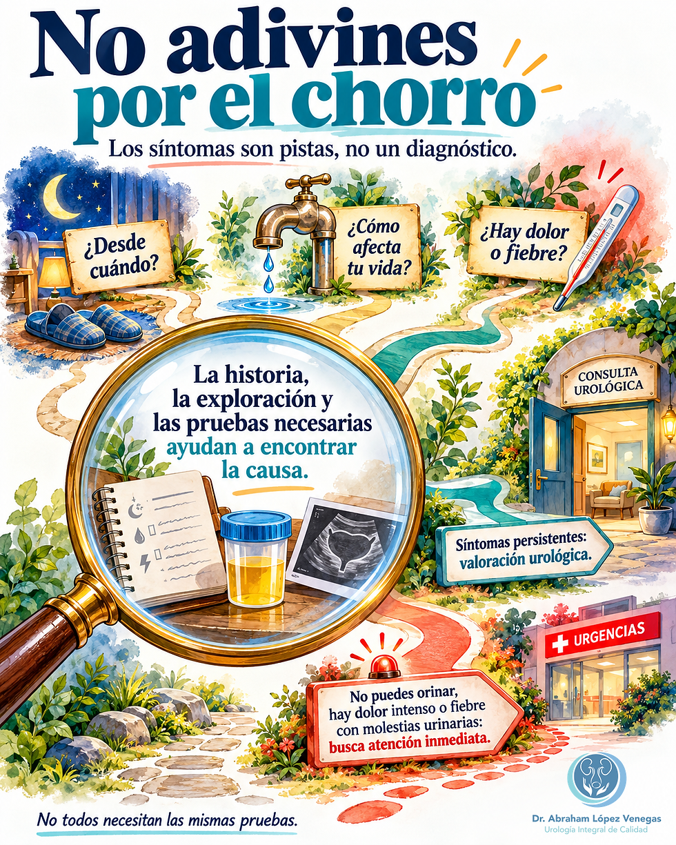 Una lupa reúne pistas urinarias y pruebas de valoración; dos caminos distinguen consulta por síntomas persistentes y atención inmediata.